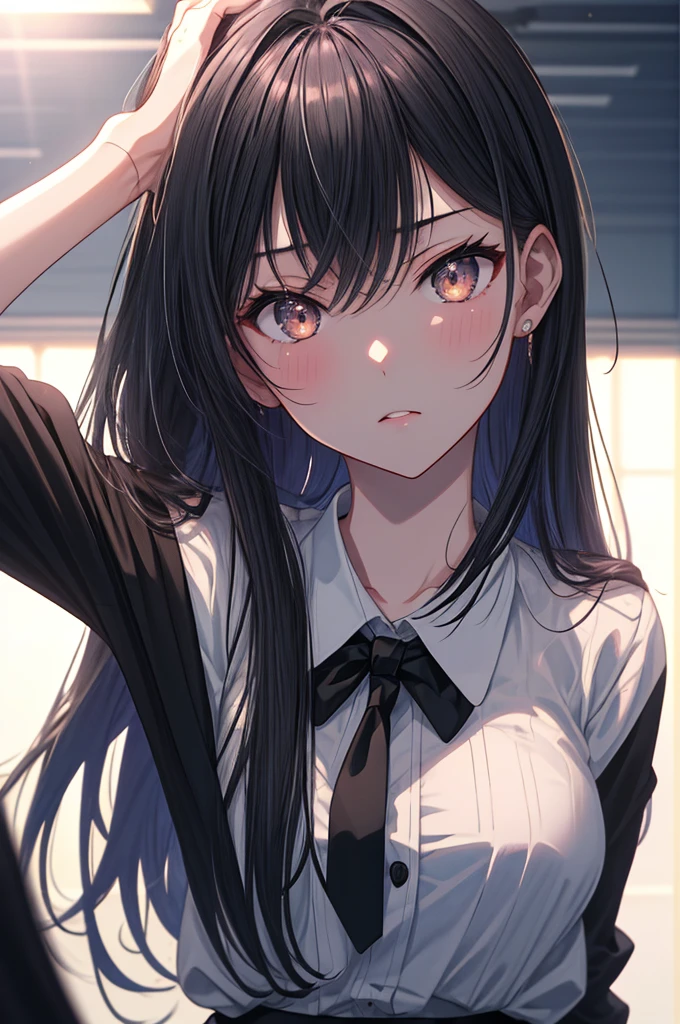 ((masterpiece)), (best quality), (ultra-detailed), 1girl, solo, Japanese high school girl, , slender build, 160cm tall, long straight black hair to the waist, black almond-shaped eyes with a slight upward tilt, serious expression, detail lip, standing in the classroom, sunlight streaming through windows, holding textbooks and clipboard, confident posture, determined gaze, a hint of vulnerability in eyes, meticulous appearance, neatly styled hair, crisp and clean uniform, intricate details on a uniform, realistic fabric textures, soft lighting, depth of field, high contrast, cinematic composition, Rule of thirds composition, Noise-free clean image, High detail, 8K resolution, official art, Splash anime art, Smooth anime CG art, pixiv, Sequential art,