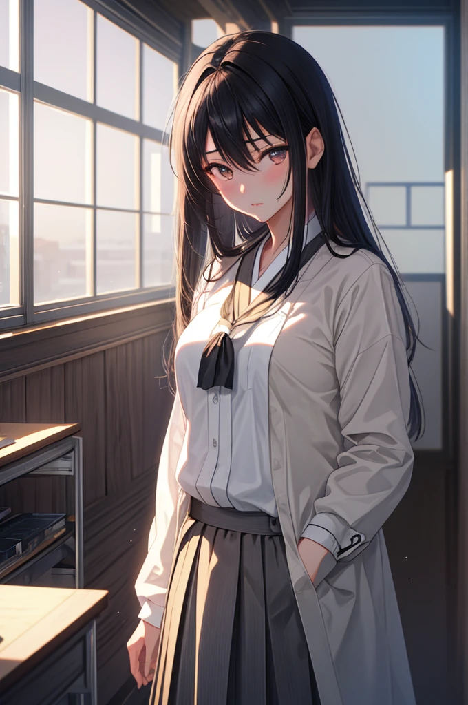 ((masterpiece)), (best quality), (ultra-detailed), 1girl, solo, Japanese high school girl, 17 years old, slender build, 160cm tall, long straight black hair to the waist, black almond-shaped eyes with a slight upward tilt, serious expression, detail lip, standing in the classroom, sunlight streaming through windows, holding textbooks and clipboard, confident posture, determined gaze, a hint of vulnerability in eyes, meticulous appearance, neatly styled hair, crisp and clean uniform, intricate details on a uniform, realistic fabric textures, soft lighting, depth of field, high contrast, cinematic composition, Rule of thirds composition, Noise-free clean image, High detail, 8K resolution, official art, Splash anime art, Smooth anime CG art, pixiv, Sequential art,