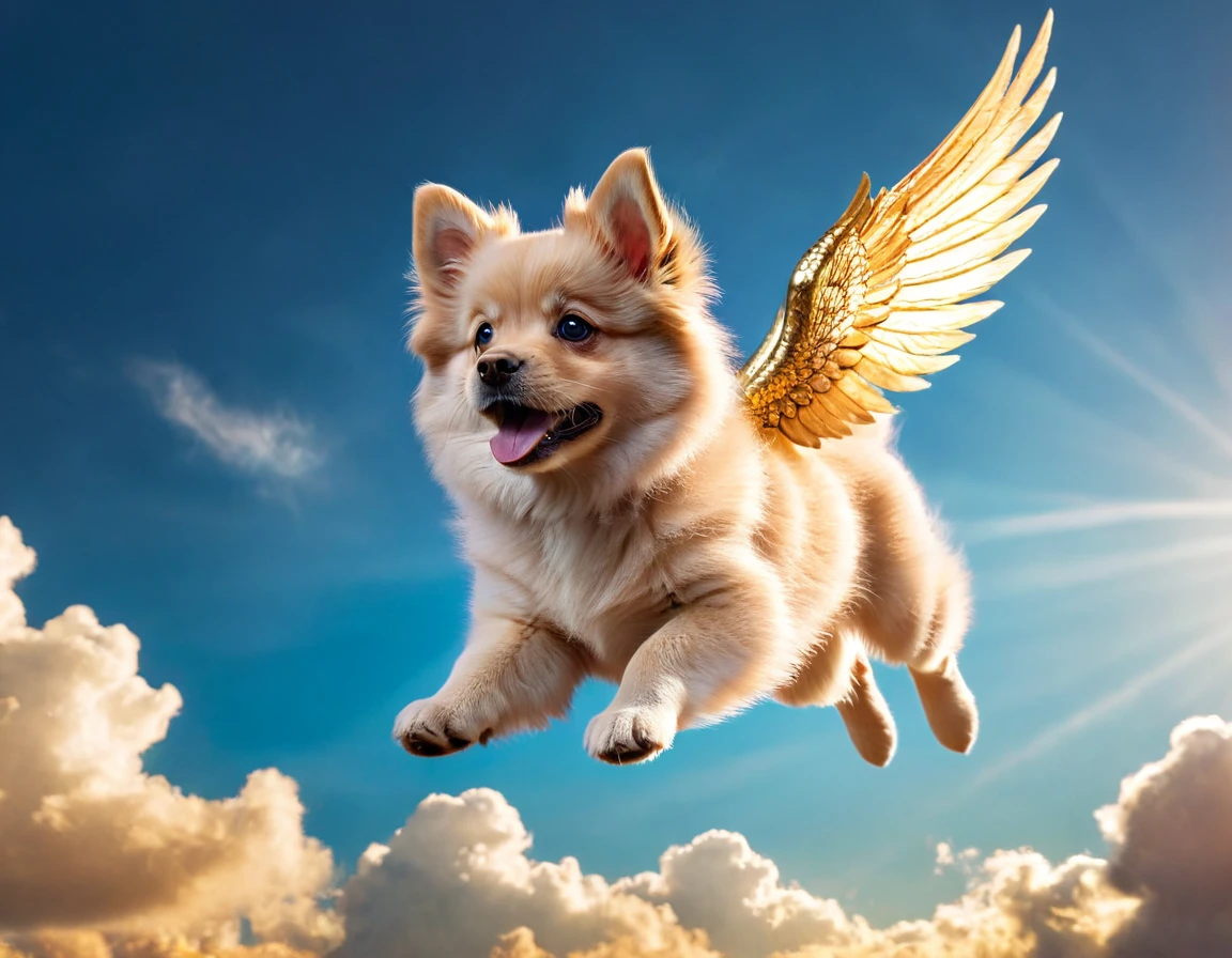 A cute fluffy puppy dog flying through the sky, adorable puppy with wings, beautiful detailed eyes, beautiful detailed nose, beautiful detailed mouth, extremely detailed face, longeyelashes, ultra realistic, photorealistic, 8k, best quality, masterpiece, vibrant colors, glowing golden fur, fluffy soft fur, detailed feathered wings, majestic, serene sky background, sunlight shining, volumetric lighting, cinematic lighting, warm color palette, magical, fantasy, whimsical