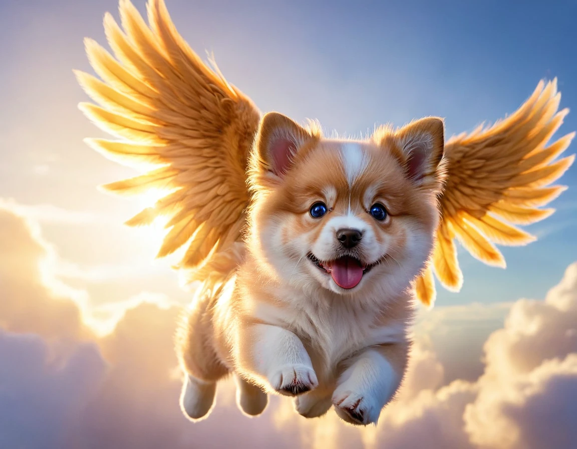 A cute fluffy puppy dog flying through the sky, adorable puppy with wings, beautiful detailed eyes, beautiful detailed nose, beautiful detailed mouth, extremely detailed face, longeyelashes, ultra realistic, photorealistic, 8k, best quality, masterpiece, vibrant colors, glowing golden fur, fluffy soft fur, detailed feathered wings, majestic, serene sky background, sunlight shining, volumetric lighting, cinematic lighting, warm color palette, magical, fantasy, whimsical