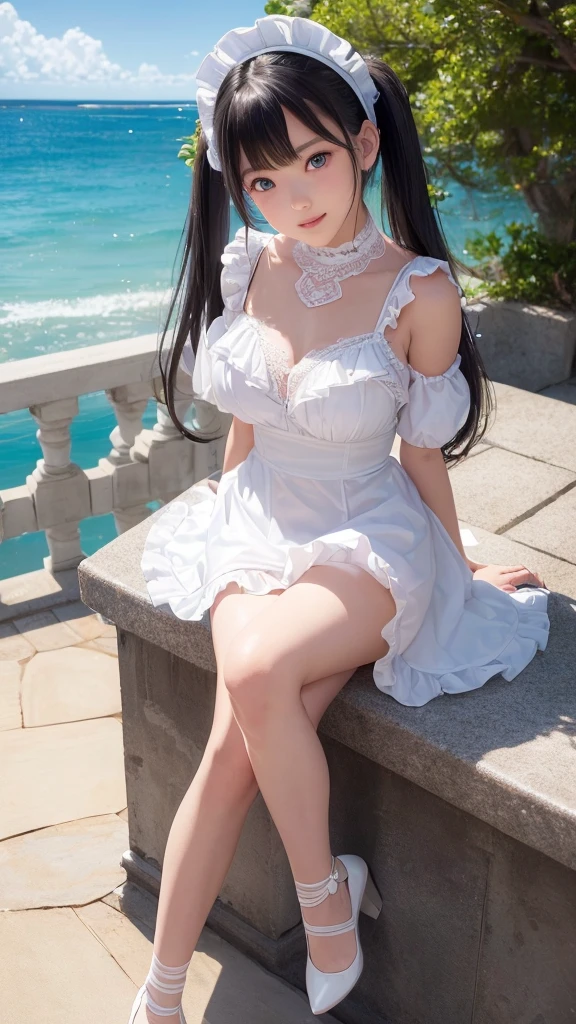 ((masterpiece)), ((highest quality、Ultra high definition)), (Very detailed),8K、Photo quality、((Amazingly cute girl)),16-year-old girl)), Two people, , (Beautiful emerald blue eyes), ((smile)),In the open-air bath overlooking the sea, Beautifully arranged black hair in twin tails、スリムボディー、((Cute lolita maid style swimsuit))、Professional Lighting、(White lace knee-highore detailed and beautiful)、(More details and cutenesore realistic)、(((Just wear light clothing)))、プールではしゃぐ、