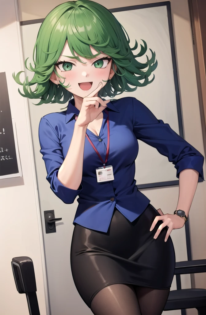 (masterpiece, best quality, detailed), 1girl, solo, looking at viewer, TatsuDef, green eyes, curly hair, green hair, bangs, blush, flipped hair, short hair, small breasts, thighs,
office lady, collared shirt, cleavage, lanyard, wristwatch, sleeves rolled up, pencil skirt, brown pantyhose, indoors, office, desk, office chair, ojou-sama pose, laughing, hand on hip, naughty face, smug