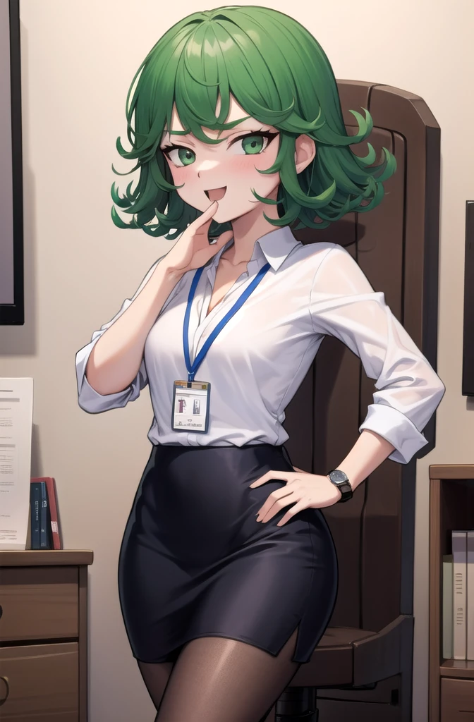 (masterpiece, best quality, detailed), 1girl, solo, looking at viewer, TatsuDef, green eyes, curly hair, green hair, bangs, blush, flipped hair, short hair, small breasts, thighs,
office lady, collared shirt, cleavage, lanyard, wristwatch, sleeves rolled up, pencil skirt, brown pantyhose, indoors, office, desk, office chair, ojou-sama pose, laughing, hand on hip, naughty face, smug