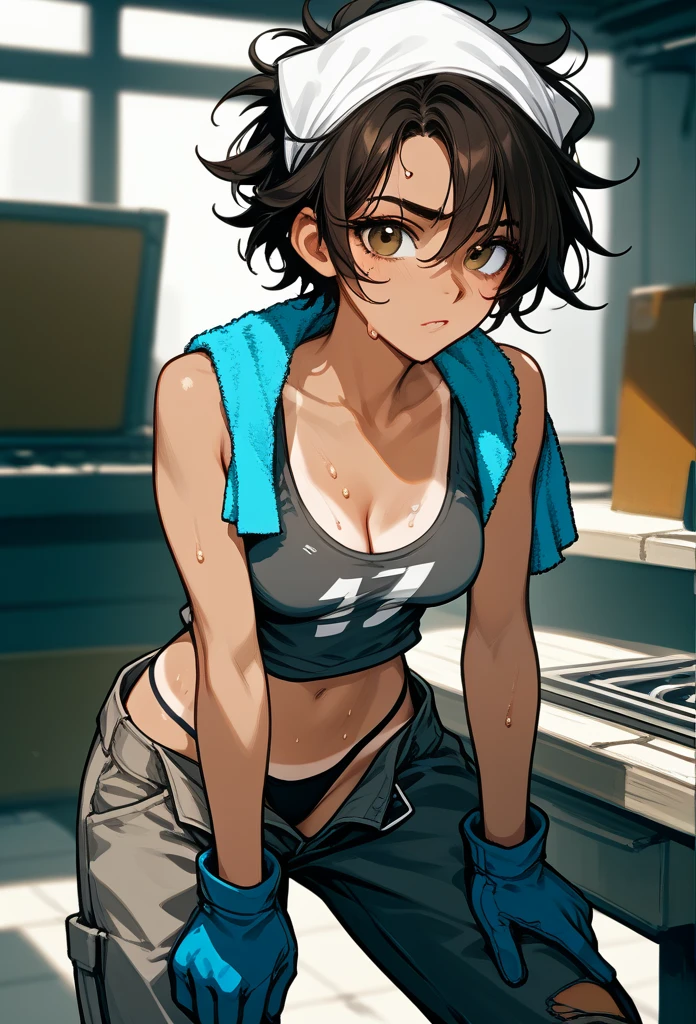 masterpiece, best quality, mature woman, messy hair, black hair, brunette gradient hair color, hot face, (tomboy face), tan skin, mature body, fit body, medium breasts, mechanic gloves, (dirty tank top), stained tank top, midriff, white bandana, mechanic pants, loose pants, workshop, (sweaty), bending over, towel around neck, black thong lines, ripped pants, spreading legs