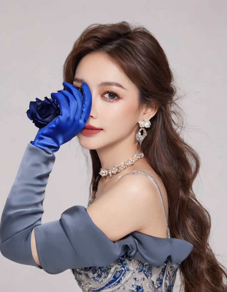 xcharleston style, 1girl, solo, blue eyes, long brown hair, gloves, dress, jewelry, earrings, looking back, bracelet, lips, makeup, lipstick