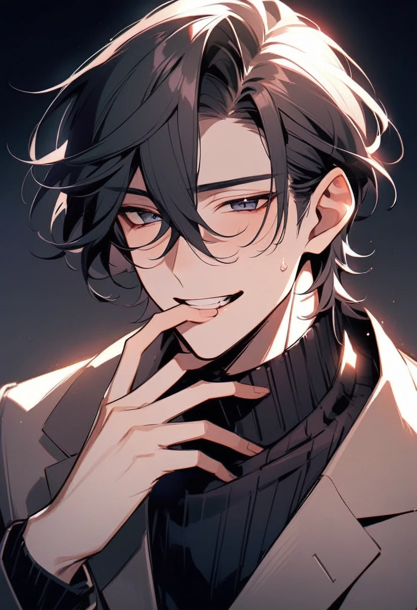 Beautiful man、Wearing a turtleneck sweater、Put your hand to your mouth、Laugh with a crumpled face