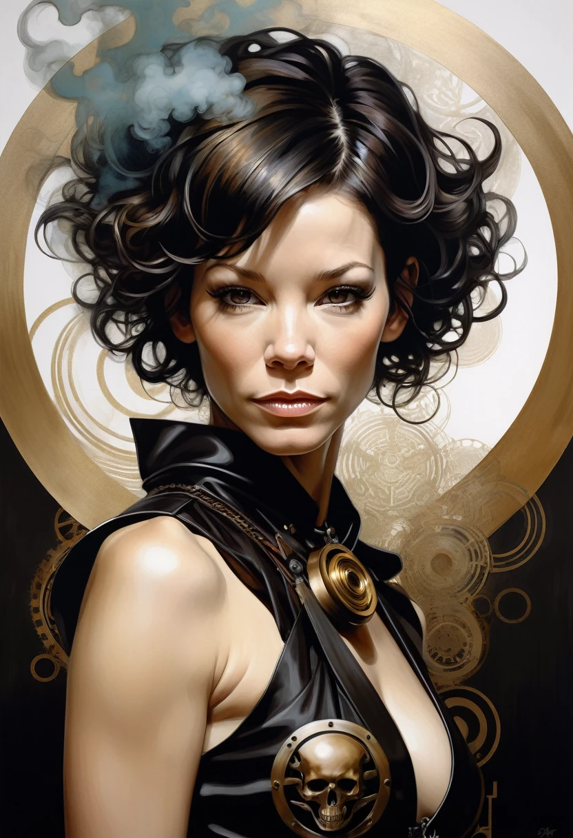 (Evangeline Lilly) is a beautiful charming woman carved out of dark smoke, dressed as a Steampunk girl in black, circular colored smoke, waves of shadows at night, abstract skull ornaments, pixie back fade haircut, soft colors, flat 4d street art in the style of adrian ghenie, esao andrews, jenny saville , edward hopper, surrealism, james jean dark, takato yamamoto, inkpunk minimalism, , detailed symmetrical brown eyes with circular iris, seamless geometric pattern harmony, luminogram, iron gall ink, art by Russ Mills, Sakimichan,, by GIlSam -paio octane rendering depicting innovation and truth, 8k, by Lee Jeffries, depth - Gs studio