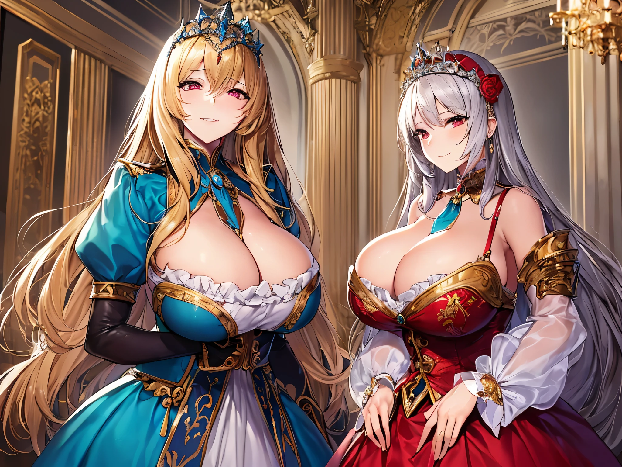 moe anime artstyle,Masterpiece,Best Quality,Super Detail,(Very Delicate and Beautiful),(((one Silver-haired middle age queen and one blonde-haired teenage princess))),(((Arrogant smile))),(((absurdly long Straight hair,Red Eyes)),(((beautiful embroidery and jeweled gorgeous rococo ballgown with voluminous full length crinoline hoop skirt))),(((absurdly gigantic tits,curvy))),deep cleavage,Skindentation,crossed arms under breasts,extremely gorgeous hair ornament,((extremely gorgeous big tiara)),luxurious jewelry,((beautiful embroidery and jeweled gorgeous rococo ballgown with voluminous full length crinoline hoop skirt)),(((absurdly gigantic tits))),gorgeous palace,couple focus,standing pose