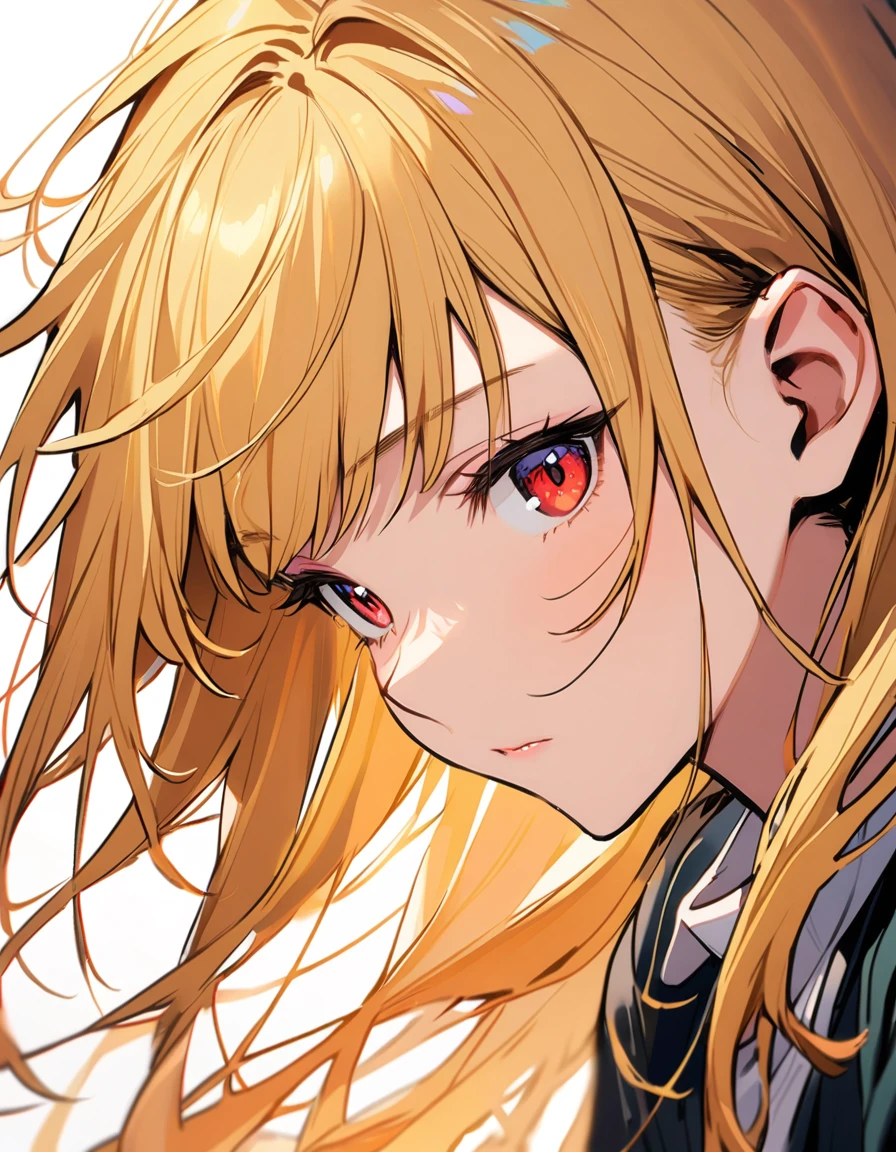 18 years old girl, blonde hair, long hair with bangs, messy hair, red eyes, cat eyes, close up