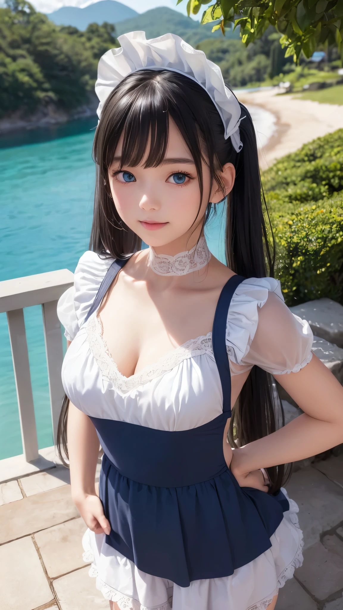 ((masterpiece)), ((highest quality、Ultra high definition)), (Very detailed),8K、Photo quality、((Amazingly cute girl)),16-year-old girl)), Two people, , (Beautiful emerald blue eyes), ((smile)),In the open-air bath overlooking the sea, Beautifully arranged black hair in twin tails、スリムボディー、((Cute lolita maid style swimsuit))、Professional Lighting、(White lace knee-highore detailed and beautiful)、(More details and cutenesore realistic)、(((Just wear light clothing)))、プールではしゃぐ、