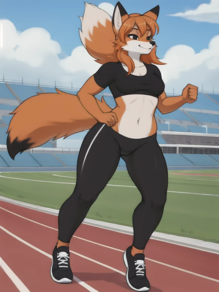 Furry, fox, female, black shirt, black leggings, shoes, running track, solo, full body