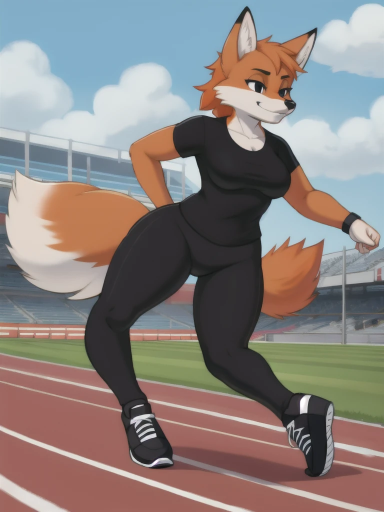 Furry, fox, female, black shirt, black leggings, shoes, running track, solo, full body