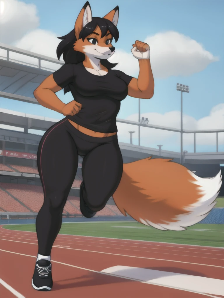 Furry, fox, female, black shirt, black leggings, shoes, running track, solo, full body
