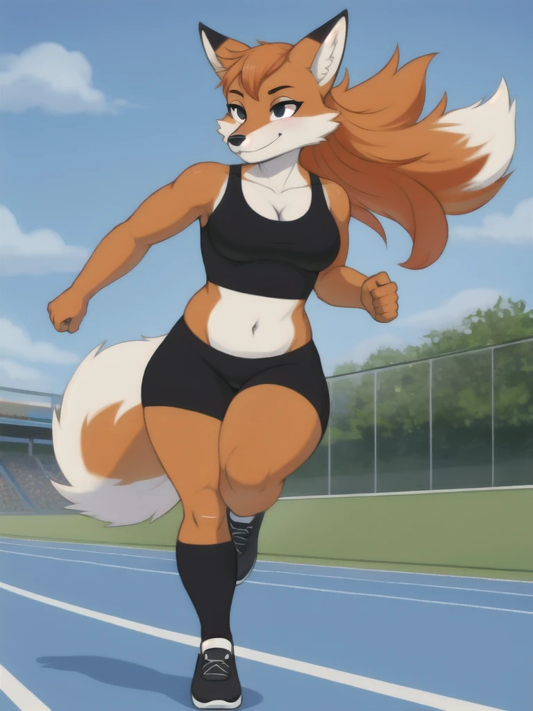 Furry, fox, female, black shirt, black leggings, shoes, running track, solo, full body