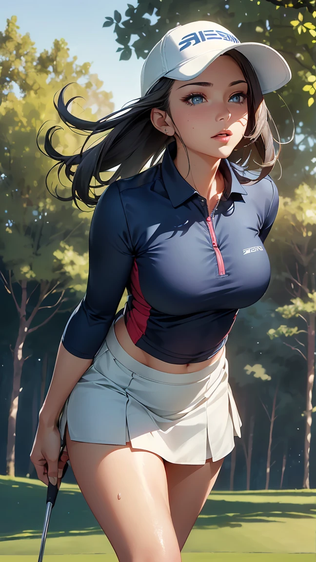 concept:beautiful woman portrait.

quality:(highest quality, 4K, 8k, High resolution, masterpiece:1.2), Super detailed, (real, photorealistic:1.37). 

lighting effects:cinematic light, Bright colors and fascinating effects, natural sunlight,  gentle shine, Lens flare, Beautiful and gentle atmosphere throughout the scene. 

Subject information:alone, ((young woman)), (round eyes), (small face), (high detail skin:1.2), long eyelashes, glossy lips, (bionde, shortcut, Blue eyes), (slim body shape), ((attractive chest line, big breasts, beautiful breasts)), Highly detailed face and skin texture, sweating,fascinating,erotic, (happy expression), ((golf wear:1.2)), (Beautiful pose for shots:1.5, photo shootのためポーズをとる), ((Sexy golf wear, I can see your belly button, short skirt, Sun visor, No sleeve, You can see the body line, beautiful thighs)), (((Clothes that bring out your beauty, beautiful body line, Interesting thighs))). 

Other details:Golf course:1.5, standing pose:1.2, camera angle from below, beautiful skin, shiny skin, ((perfect fingers, five fingers, anatomically correct)), background bokeh, 300㎜, f/4, photo shoot. 
