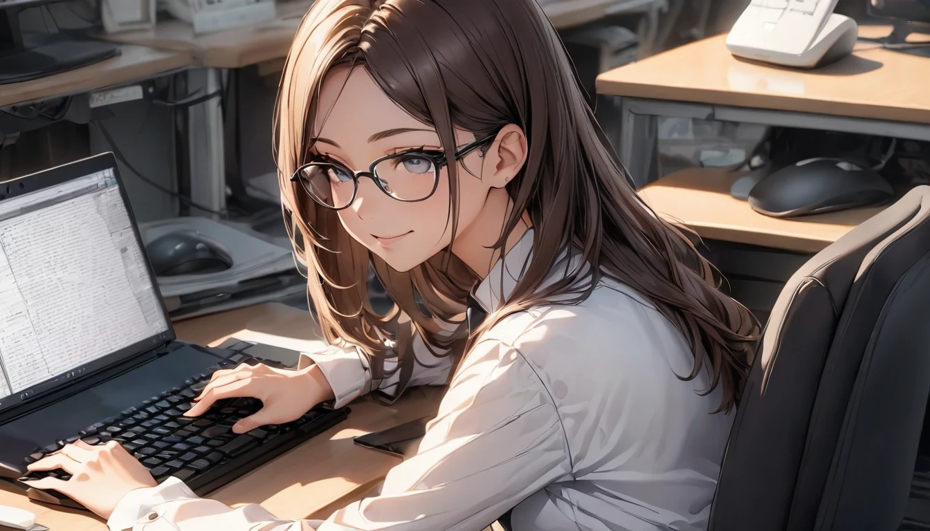 パソコンで仕事をするProfessionalグラマー,Portraiture,Professional,Wearing a smart suit,Stylish glasses,Typing on a sophisticated computer,Use a wireless mouse,Sitting at a modern desk,A soft smile,Soft natural light,High resolution,High resolution,Very detailed.One Woman ,alone, Dark brown hair ,A solid keyboard