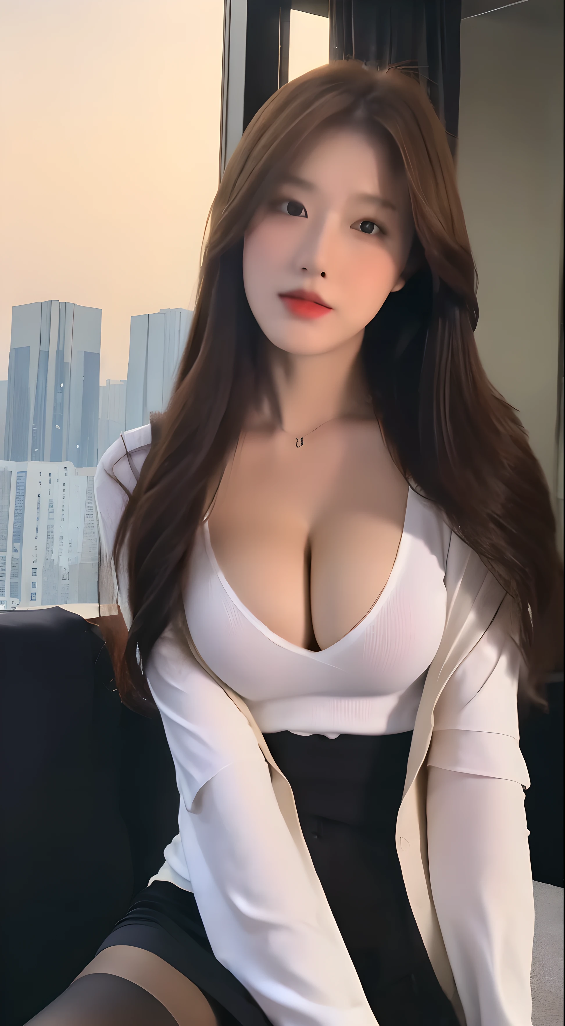 ((Best quality, 8k, Masterpiece :1.3)), Whole body, Sharp focus :1.2, A pretty woman with perfect figure :1.4, Slender abs :1.2, ((Dark brown hair, Big breasts :1.2)), body dress :1.1, (Night city view, Modern balcony :1.1), Highly detailed face and skin texture, Detailed eyes, Double eyelid, Small Bust, OL Uniform, Office Wear, white T-shirt, exposed cleavage, (Black Pantyhose), (No Panties), Interior Scene, Office