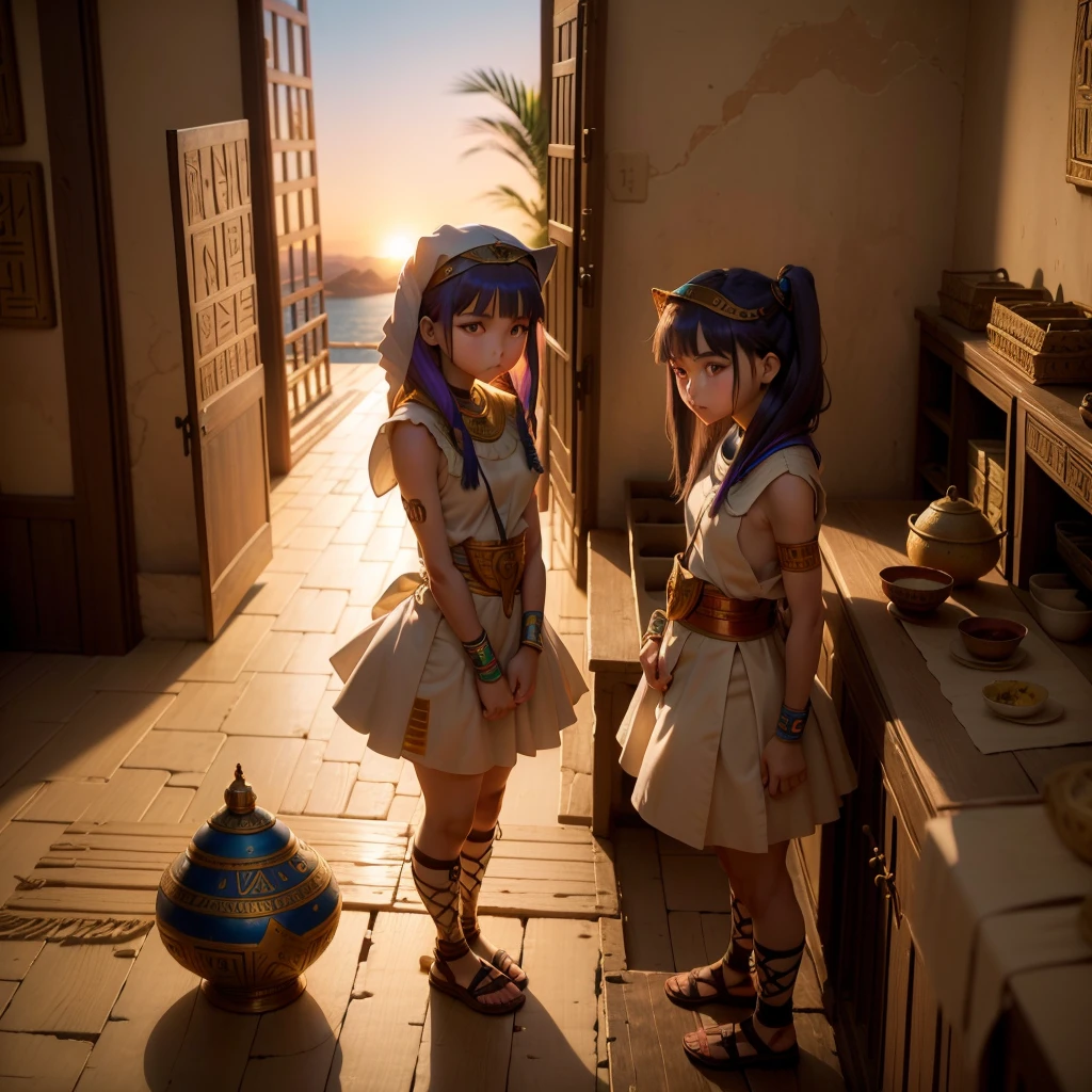 かわいいAncient Egyptの15歳の女の子、Ancient Egypt、View of the Nile、A colorful view of the whole、whole body、Low - Angle、Standing posture、Reeds are growing、Ancient Egyptの船、Ancient Egyptの風景、outside
