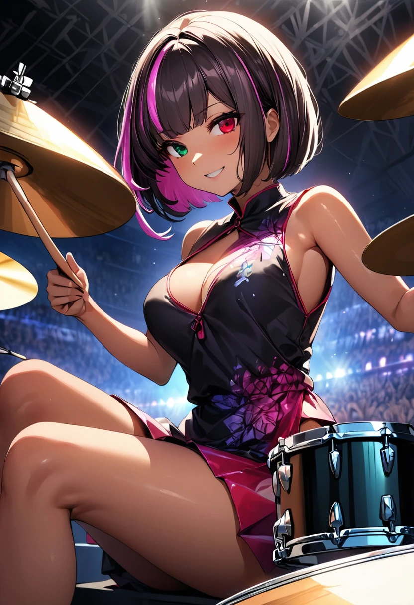 (highest quality:1.2, Very detailed, up to date, Vibrant, Ultra-high resolution, High Contrast, masterpiece:1.2, highest quality, Best aesthetics), girl、slim, ((drummer:1.8)), heterrochromia, green eye, red eye, Passionate performance、stage、Bright colors、Beautiful fine details、Beautiful lip detail、extra short hair, ((bob cut:1.5))、pink and purple ((streaked hair:1.9)), (highlights hair: 1.6), middium breast, (tan skin:1), Concert Light、Edgy Style、colorful Cheongsam, (no sleeve:1)、Dynamic Movement、hypnotic sounds, (girl playing a drum set,drum performance,drums,Drumstick,sitting:1.2), The drum set includes Bass Drum, Floor tom, Snare drum, Rack tom, Hi-hat, Crash cymbal, Ride cymbal.)), Stadium、amplifier、Loud music、,Sparkling stage、Concert atmosphere、Music Festival、Full of emotion、Rock star attitude、Resolute expression、Avid Fan、The presence of an attractive stage、 Expressive gestures、Rock star aura、An exciting atmosphere、An unforgettable show, (Floral Fineline tattoo design on right arm:1), View from the audience side