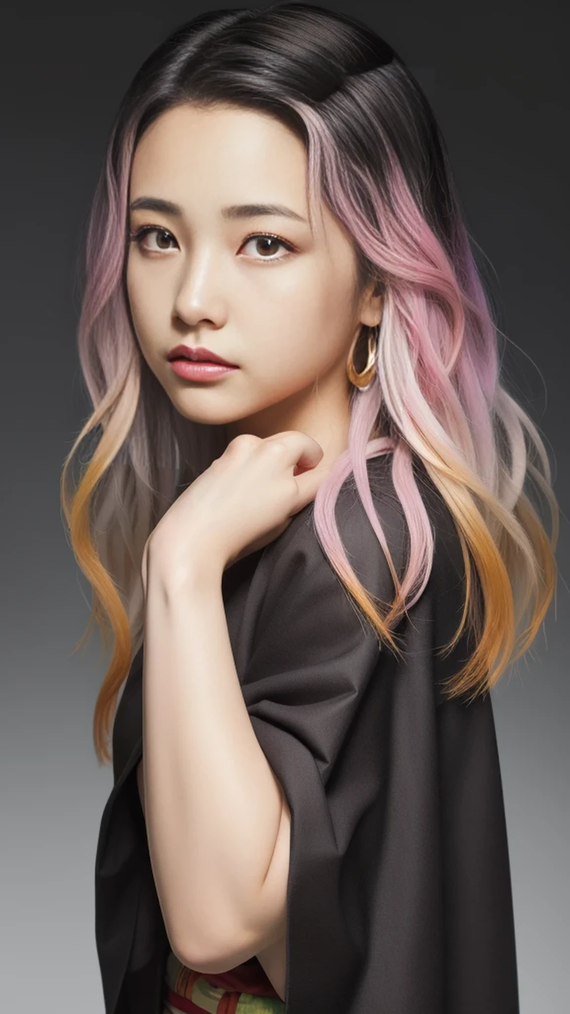 Cute Japanese woman, (), (Very cute face: 1.3), White moist skin, Looking at the camera, Melancholy expression,
BREAK,
Idol,
BREAK,
(Wearing cute kimono: 1.3), (Highly revealing kimono), Very large earrings, Short length,
BREAK,
(Fighting pose: 1.3),
BREAK,
(Long hair), (Pink hair: 1.2), (Wavy hair), (Gradient hair: 1.3), (Red hair at the ends),
BREAK,
(Realistic: 1.3), Masterpiece, Perfect lighting, (Ultra-high resolution), (8K), (Very detailed: 1.4), (From the front), (Full body: 1.4), (Symmetrical: 1.2),
BREAK,
(Shibuya city in Japan: 1.2),
BREAK,
(Demon Slayer: 1.4),
BREAK,
(Kasumi Arimura: 1.4),