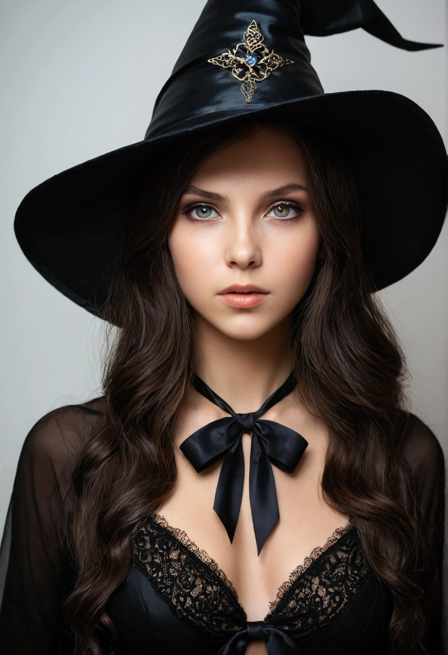 Beautiful young witch with light eyes, brunette by the bow, I would be but seductive without a witch hat
