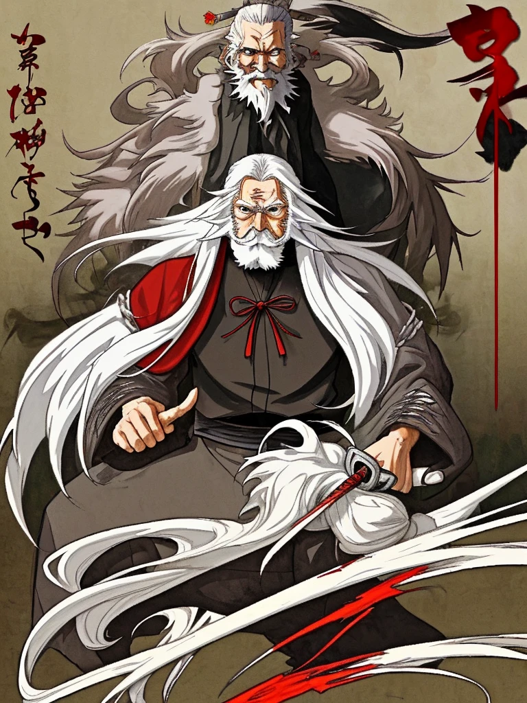 white long haired, black eyes, anime old man, samurai, red gi, sword, old man, aura, anime art, 2d anime, manga, 2danime style, long white beard, low quality