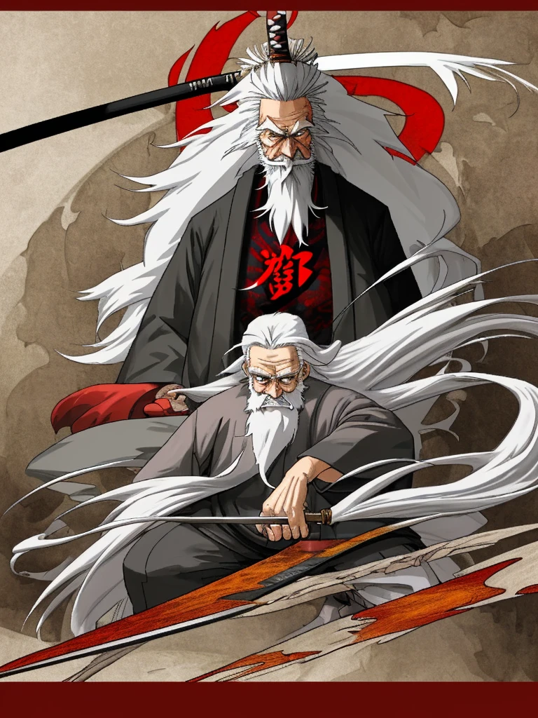 white long haired, black eyes, anime old man, samurai, red gi, sword, old man, aura, anime art, 2d anime, manga, 2danime style, long white beard, low quality