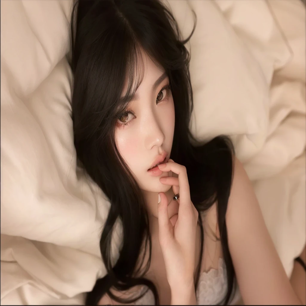 there is a woman lying on a bed with a white blanket, beautiful south mulher KOREAN, gorgeous young mulher KOREAN, beautiful young mulher KOREAN, KOREAN, role model | artgerm, mulher KOREAN, beautiful asian girl, like artgerm, lindo rosto delicado, ulzzang, with long hair and piercing eyes, young lovely korean face, BlackPink Jennie, BlackPink Lisa