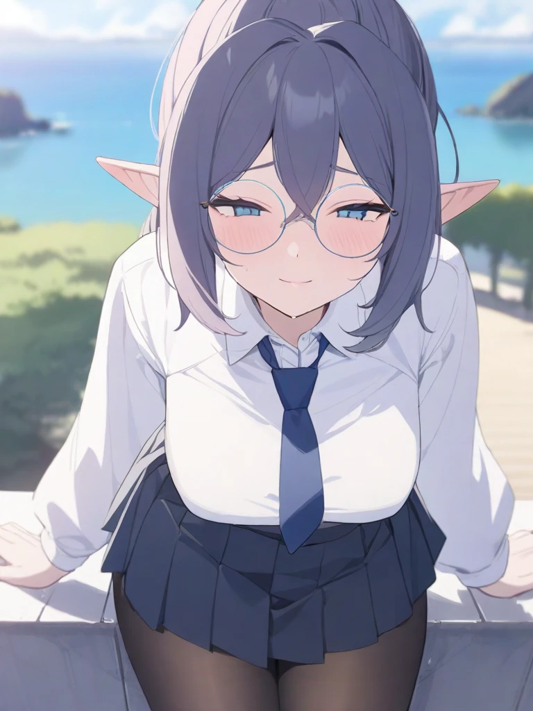 masterpiece, best quality, high quality, beautiful anime character, solo, anime girl with dark blue hair, messy hair, medium length hair, (huge long ponytail, ponytail), blue eyes, elf ears, slightly big breasts, (mature female, tall female), big girl, thick, (calming face, blush, light smile, loving eyes), outdoors, (white shirt, necktie, pleated skirt, pantyhose), slim thick, short medium hair, round glasses,