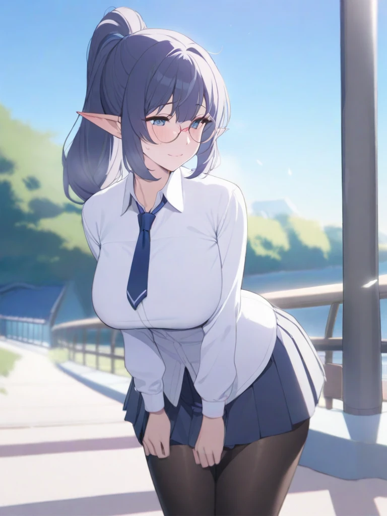 masterpiece, best quality, high quality, beautiful anime character, solo, anime girl with dark blue hair, messy hair, medium length hair, (huge long ponytail, ponytail), blue eyes, elf ears, slightly big breasts, (mature female, tall female), big girl, thick, (calming face, blush, light smile, loving eyes), outdoors, (white shirt, necktie, pleated skirt, pantyhose), slim thick, short medium hair, round glasses,