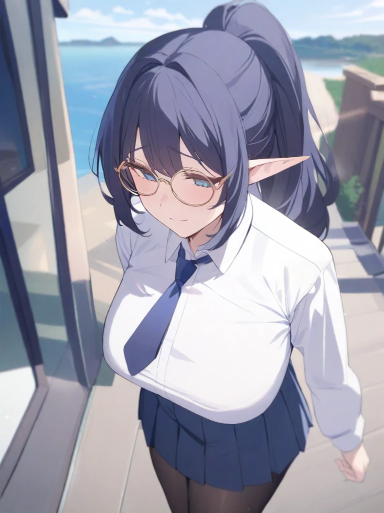 masterpiece, best quality, high quality, beautiful anime character, solo, anime girl with dark blue hair, messy hair, medium length hair, (huge long ponytail, ponytail), blue eyes, elf ears, slightly big breasts, (mature female, tall female), big girl, thick, (calming face, blush, light smile, loving eyes), outdoors, (white shirt, necktie, pleated skirt, pantyhose), slim thick, short medium hair, round glasses,