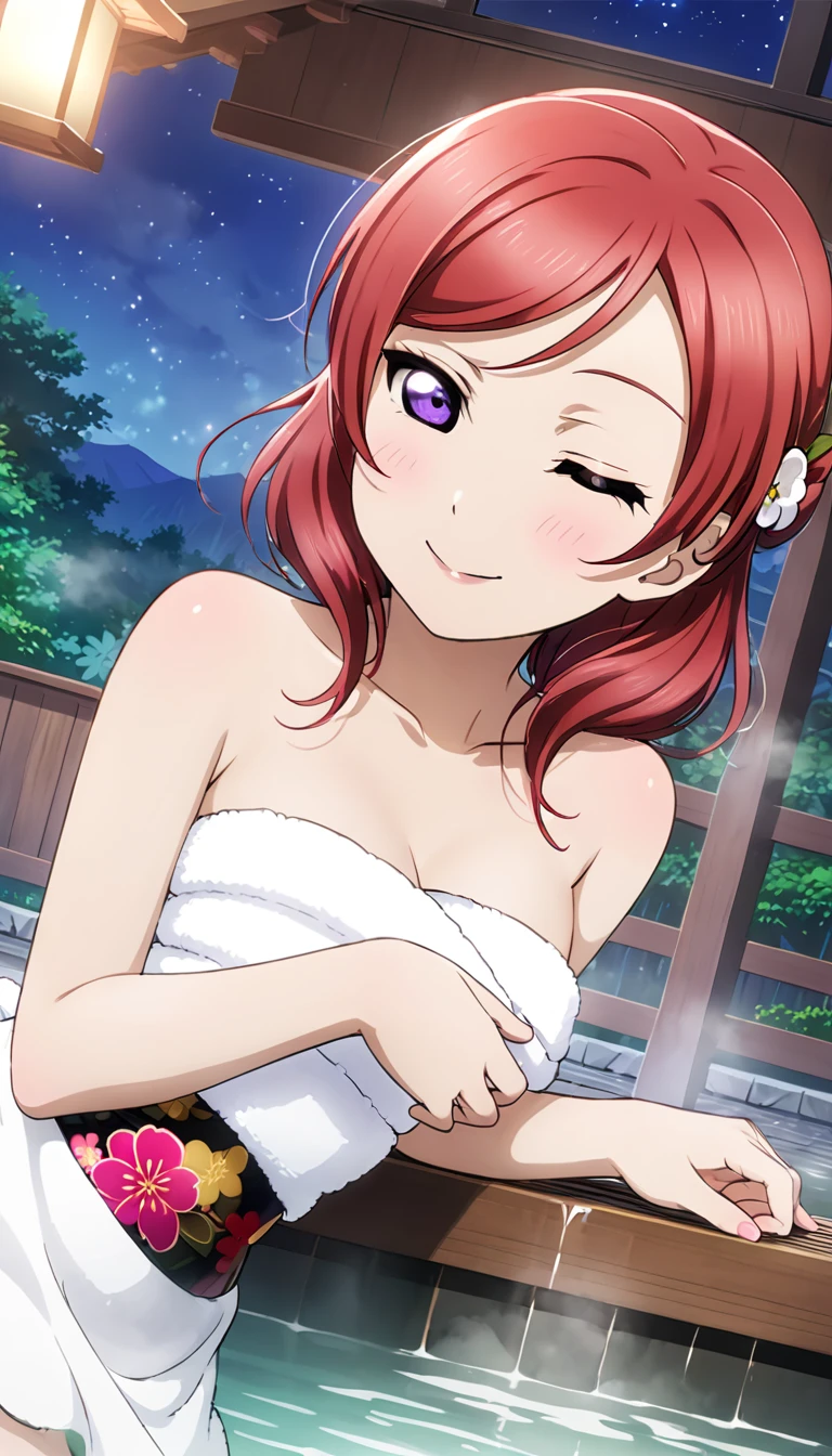 Draw Maki Nishikino from Love Live. She has red hair and purple eyes. She's relaxing in a hot spring, surrounded by steam, at a traditional Japanese inn. The setting includes rocks and mountains, under a night sky filled with stars. Her eyes are gently closed，Highest quality, Sparkle Effect, smile、Bathing up to shoulders、A towel is wrapped around the body