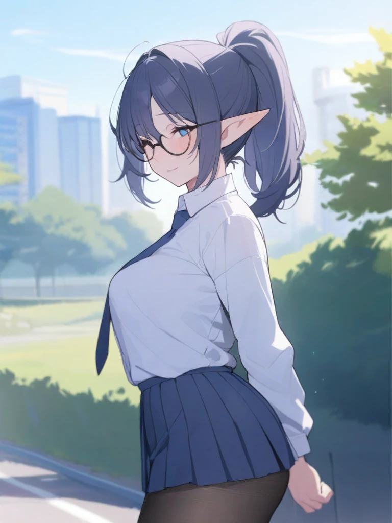 masterpiece, best quality, high quality, beautiful anime character, solo, anime girl with dark blue hair, messy hair, medium length hair, (huge long ponytail, ponytail), blue eyes, elf ears, slightly big breasts, (mature female, tall female), big girl, thick, (calming face, blush, light smile, loving eyes), outdoors, (white shirt, necktie, pleated skirt, pantyhose), slim thick, short medium hair, round glasses,
