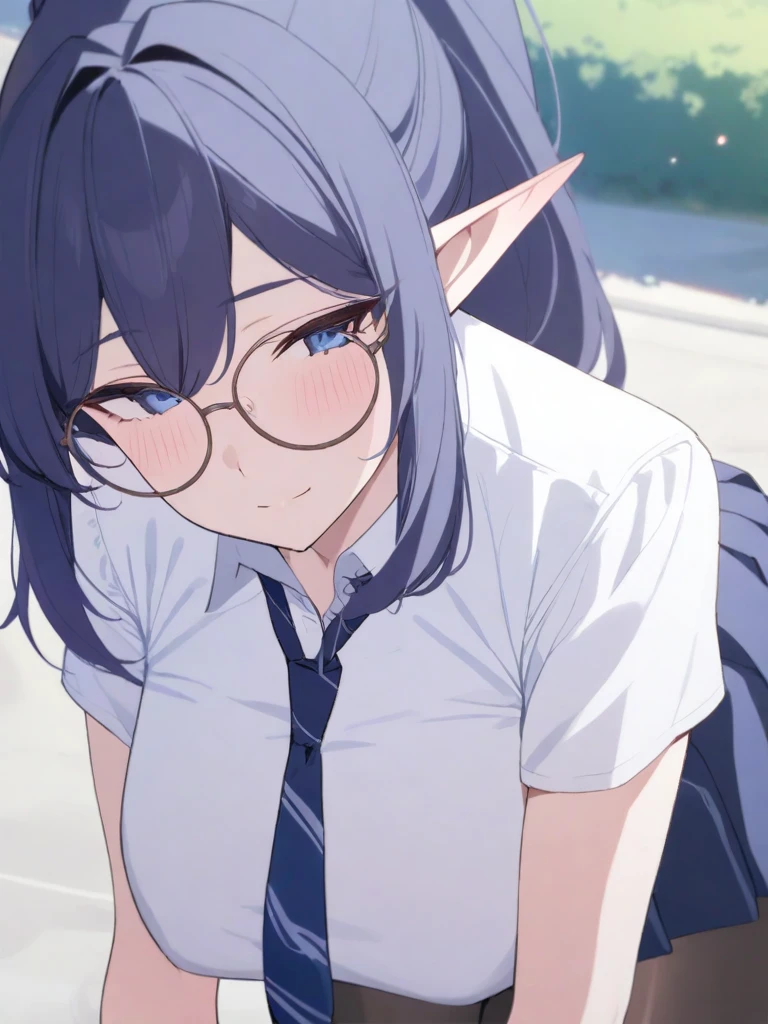 masterpiece, best quality, high quality, beautiful anime character, solo, anime girl with dark blue hair, messy hair, medium length hair, (huge long ponytail, ponytail), blue eyes, elf ears, slightly big breasts, (mature female, tall female), big girl, thick, (calming face, blush, light smile, loving eyes), outdoors, (white shirt, necktie, pleated skirt, pantyhose), slim thick, short medium hair, round glasses,