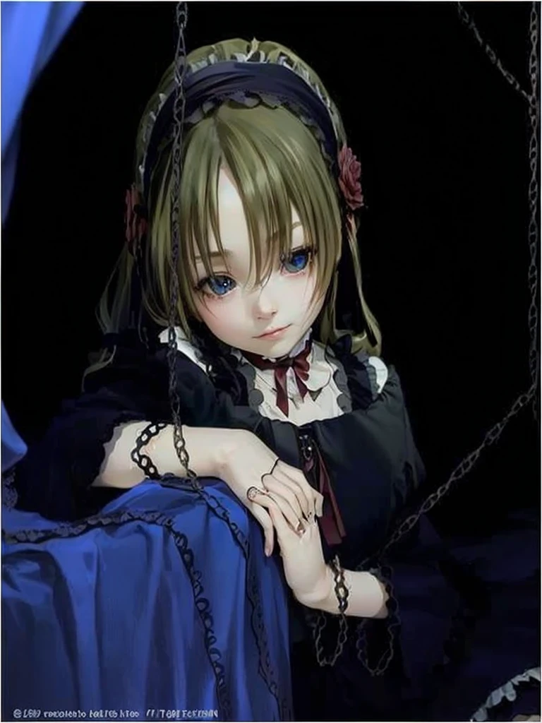 ((Masterpiece)), (Anime: le potrait cossette), ((best quality)), (RAW photo: 1.2), (Professional Photography:1.2), 8K, from side, wide shot, (), ((1girl)), Textured skin, cinematic lighting, 1girl, ((Beautiful Gothic Lolita)), cunnocent young girl, ((hair over one eye)), Slender and small breasts, (long silky blond hair), (gothic lolita makeup), tiful hair, sad smile, delicate eyes, slender figure, caring and charming beauty, (blush), Light particles, ((Lift the skirt with hand)), in beautiful Fantastic garden, (red roses garden),,