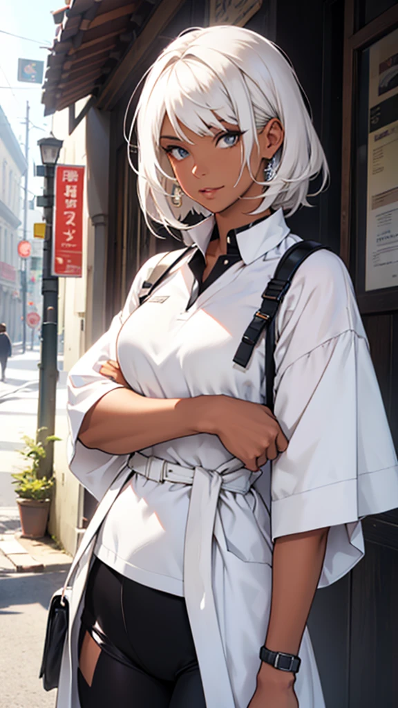 Woman with tanned skin and white hair in bright clothes