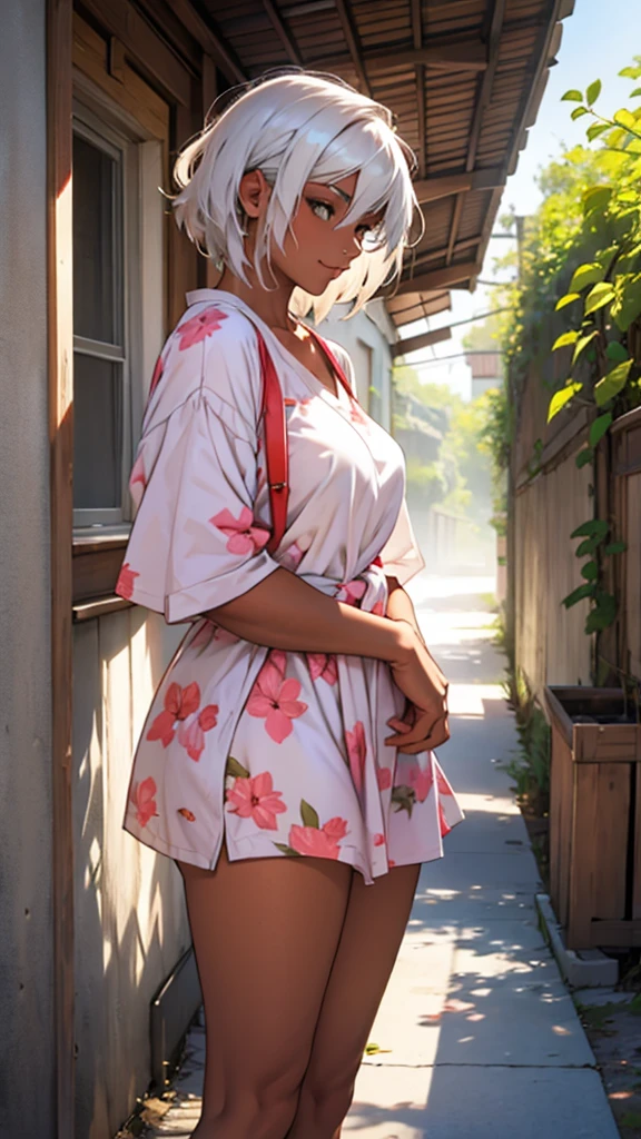 Woman with tanned skin and white hair in bright clothes

