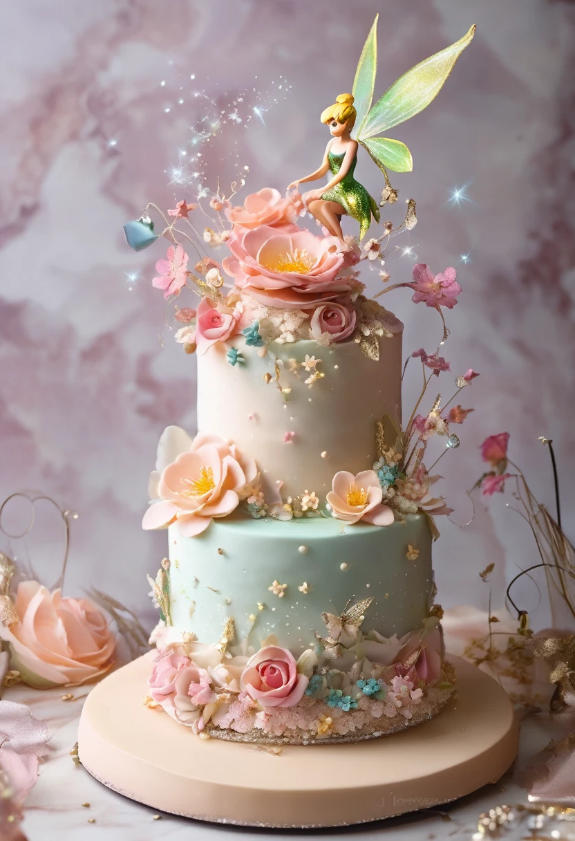 2-tier cake with feminine decoration, with Tinkerbell sitting on top of the cake and with fairy dust as ambient decoration and with many beautiful flowers.