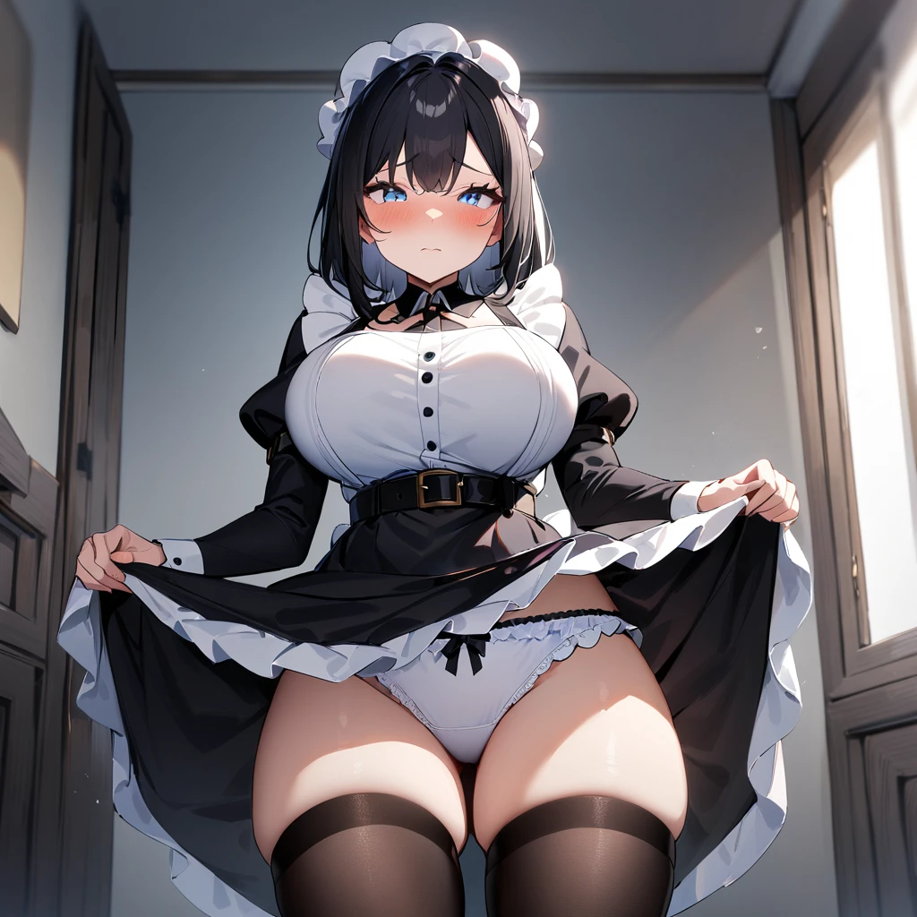 1girl,black hair,light blue eyes,blackdress,pov,Embarrassed,big breast,maidapron,(White mob cap),puffy_sleeves,maid_apron, belt,thighhighs,masterpiece, best quality, very aesthetic, absurdres,(dress lift:1.5),(straight-on),(Frilled Panties)