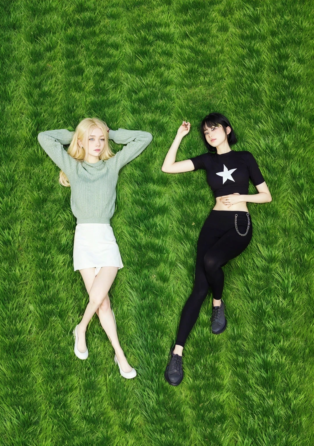 Two girls lying on the grass, looking at each other, one has blue eyes, short black hair, and the other has green eyes, long blonde hair