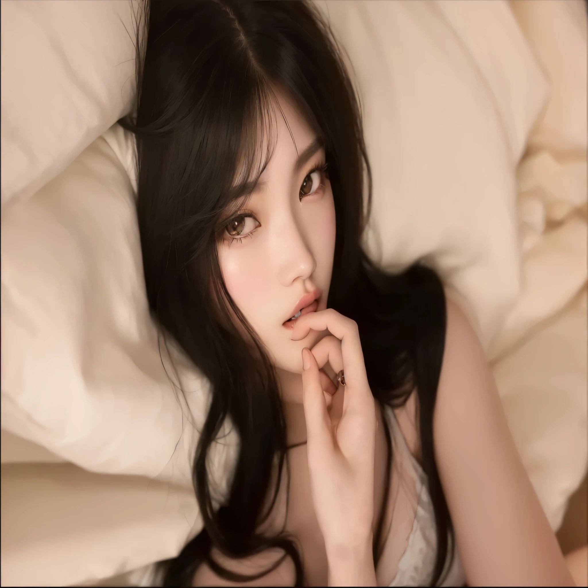 there is a woman lying on a bed with a white blanket, beautiful south mulher KOREAN, gorgeous young mulher KOREAN, beautiful young mulher KOREAN, KOREAN, role model | artgerm, mulher KOREAN, beautiful asian girl, like artgerm, lindo rosto delicado, ulzzang, with long hair and piercing eyes, young lovely korean face, BlackPink Jennie, BlackPink Lisa