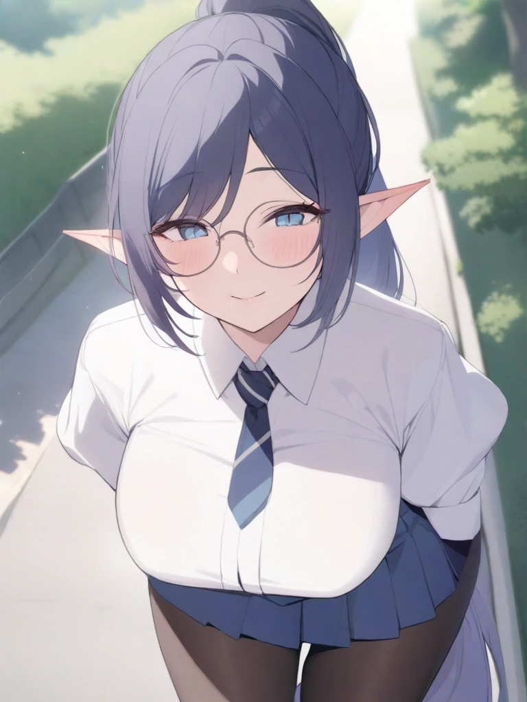 masterpiece, best quality, high quality, beautiful anime character, solo, anime girl with dark blue hair, messy hair, medium length hair, (huge long ponytail, ponytail), blue eyes, elf ears, slightly big breasts, (mature female, tall female), big girl, thick, (calming face, blush, light smile, loving eyes), outdoors, (white shirt, necktie, pleated skirt, pantyhose), slim thick, short medium hair, round glasses,