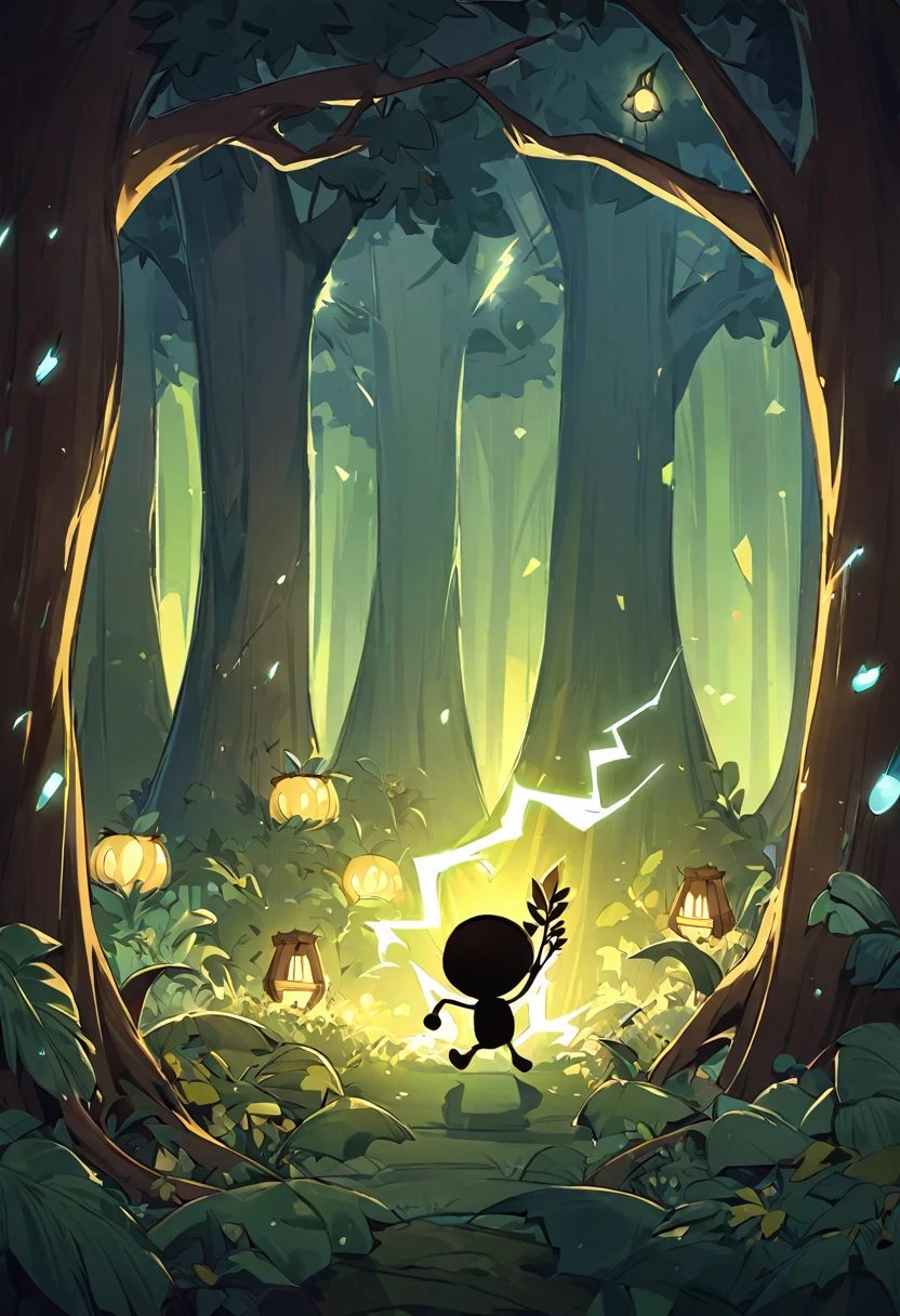 Lightning Elemental Stickman Create a whimsical artistic scene where the character should look like he is in a forest. The background should depict a cozy forest setting with warm ambient lighting.