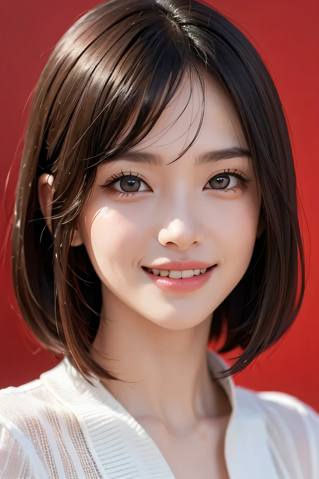 ((masterpiece)), ((Highest quality)), ((Complex)), ((Surreal)), (Realistic), (Mature Woman), ((There are no classes)), Very detailed, (1 female), Beautiful and exquisite, (Beautiful Teeth), Grin, Brunette bob hair, Brown eyes, ((blouse)), (Upper Body), (background:none), Perfect Eyes, Captivating eyes, Looking at the audience