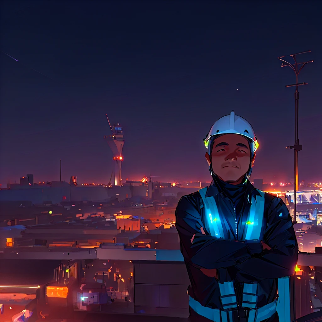 arafed man in safety vest standing on a balcony at night, photo taken at night, captured on iphone, taken on iphone 1 3 pro, shot on iphone 1 3 pro max, taken on iphone 14 pro, in future airport rooftop, shot on iphone 1 3 pro, at nighttime, standing on ship deck, night shot, with glowing lights at night