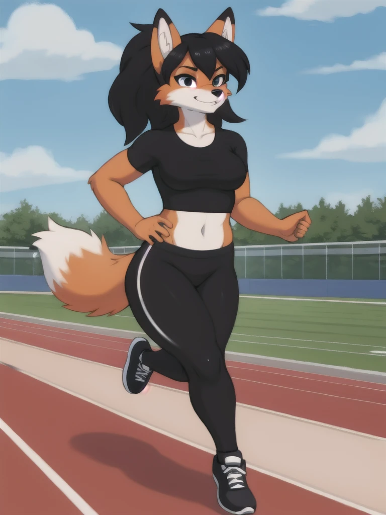Furry, fox, female, black shirt, black leggings, shoes, running track, solo, full body