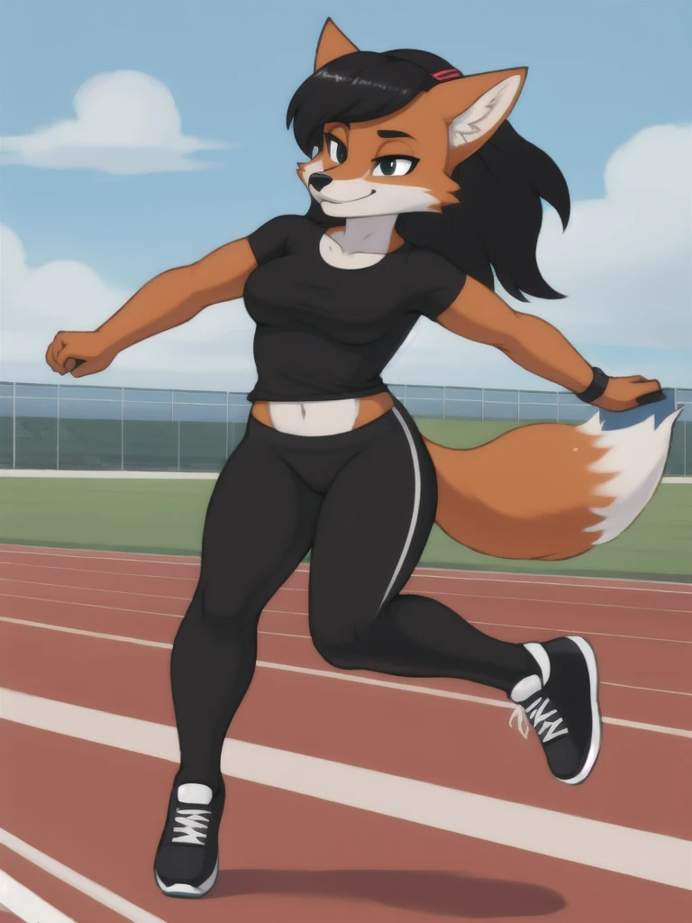 Furry, fox, female, black shirt, black leggings, shoes, running track, solo, full body