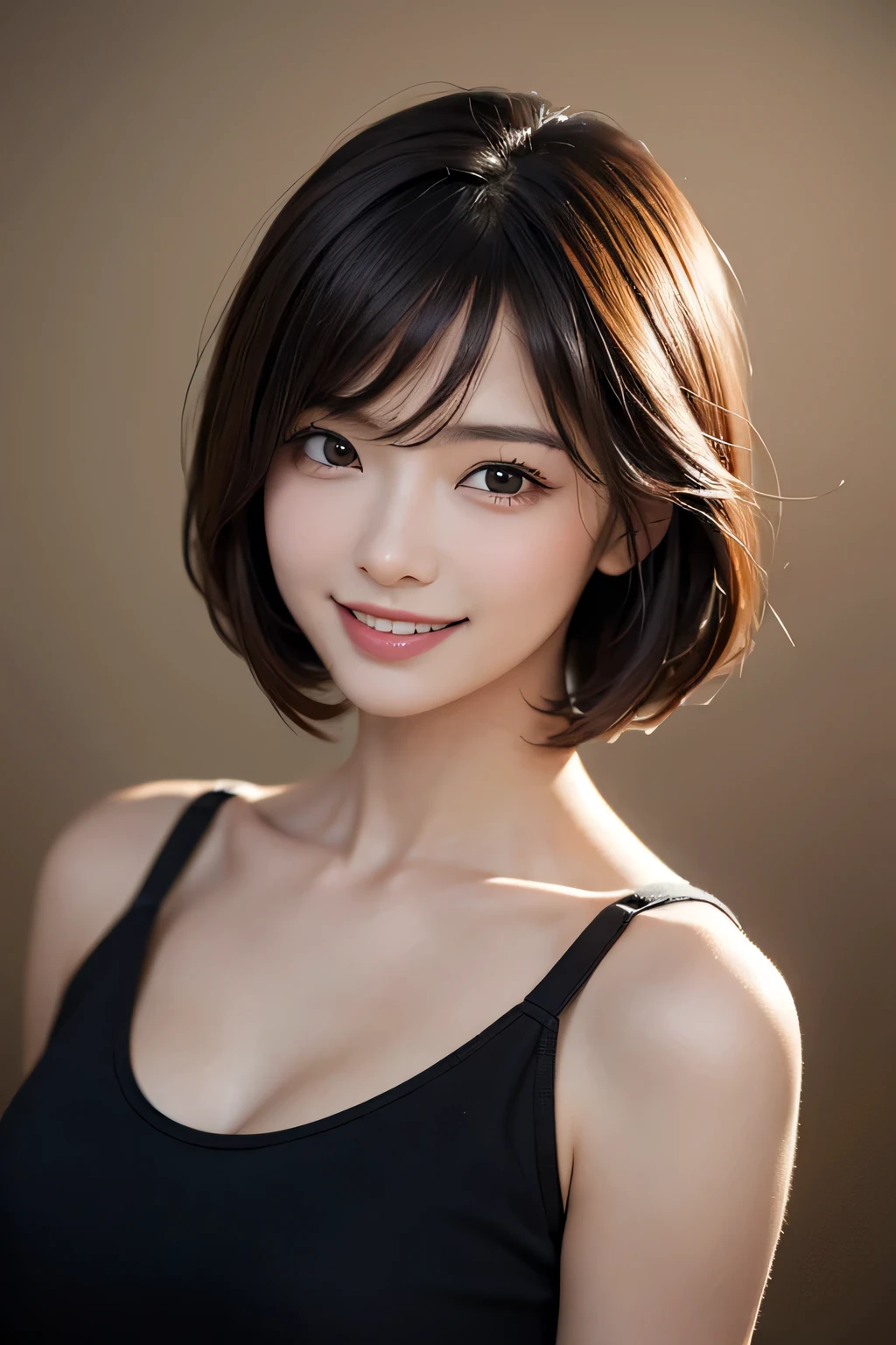 ((masterpiece)), ((Highest quality)), ((Complex)), ((Surreal)), (Realistic), (Mature Woman), ((There are no classes)), Very detailed, (1 female), Beautiful and exquisite, (Beautiful Teeth), Grin, Brunette bob hair, Brown eyes, ((blouse)), (Upper Body), (background:none), Perfect Eyes, Captivating eyes, Looking at the audience