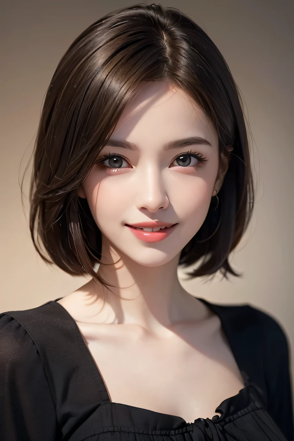 ((masterpiece)), ((Highest quality)), ((Complex)), ((Surreal)), (Realistic), (Mature Woman), ((There are no classes)), Very detailed, (1 female), Beautiful and exquisite, (Beautiful Teeth), Grin, Brunette bob hair, Brown eyes, ((blouse)), (Upper Body), (background:none), Perfect Eyes, Captivating eyes, Looking at the audience