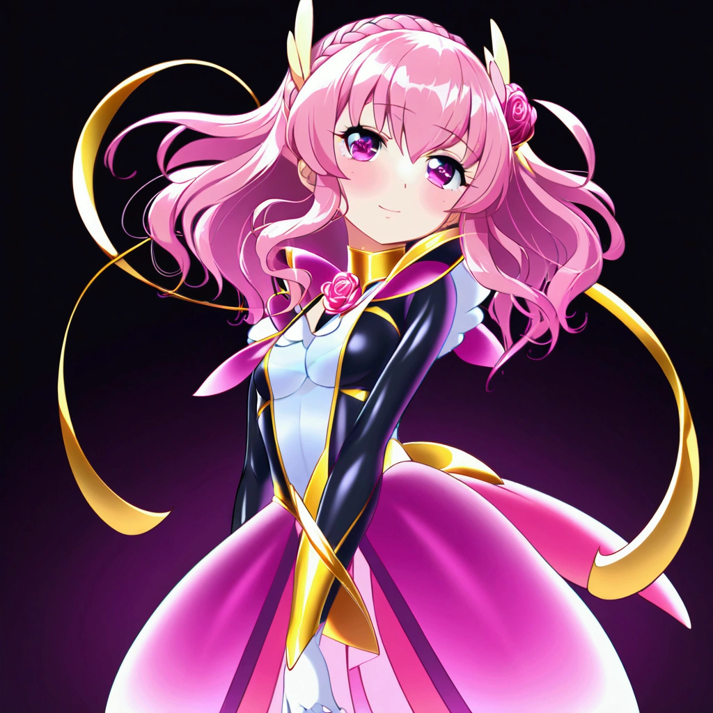 Anime-style girl with (((deep magenta eyes and long, wavy pink hair))) ((styled in an elegant French braid)). (((She is slender, and , with small breasts))). Wearing a (((pink, gold, and rose gold color magical girl-themed outfit.))) The overall look is regal and ethereal, with magical glowing effects. cutesexy, , a hyperrealistic , hyperrealistic , realistic , seductive (anime girl), smooth anime cg art, beautiful alluring anime teen, ((magical girl)), (masterpiece), best quality, expressive eyes, perfect face ((Highest quality))、((8K))、(((8k wallpaper)))、ultra detailed, masterpiece, best quality, solo